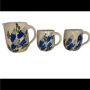 Pitcher Set with 2 Coffee Cups For Tea Juice Milk White & Blue Pottery